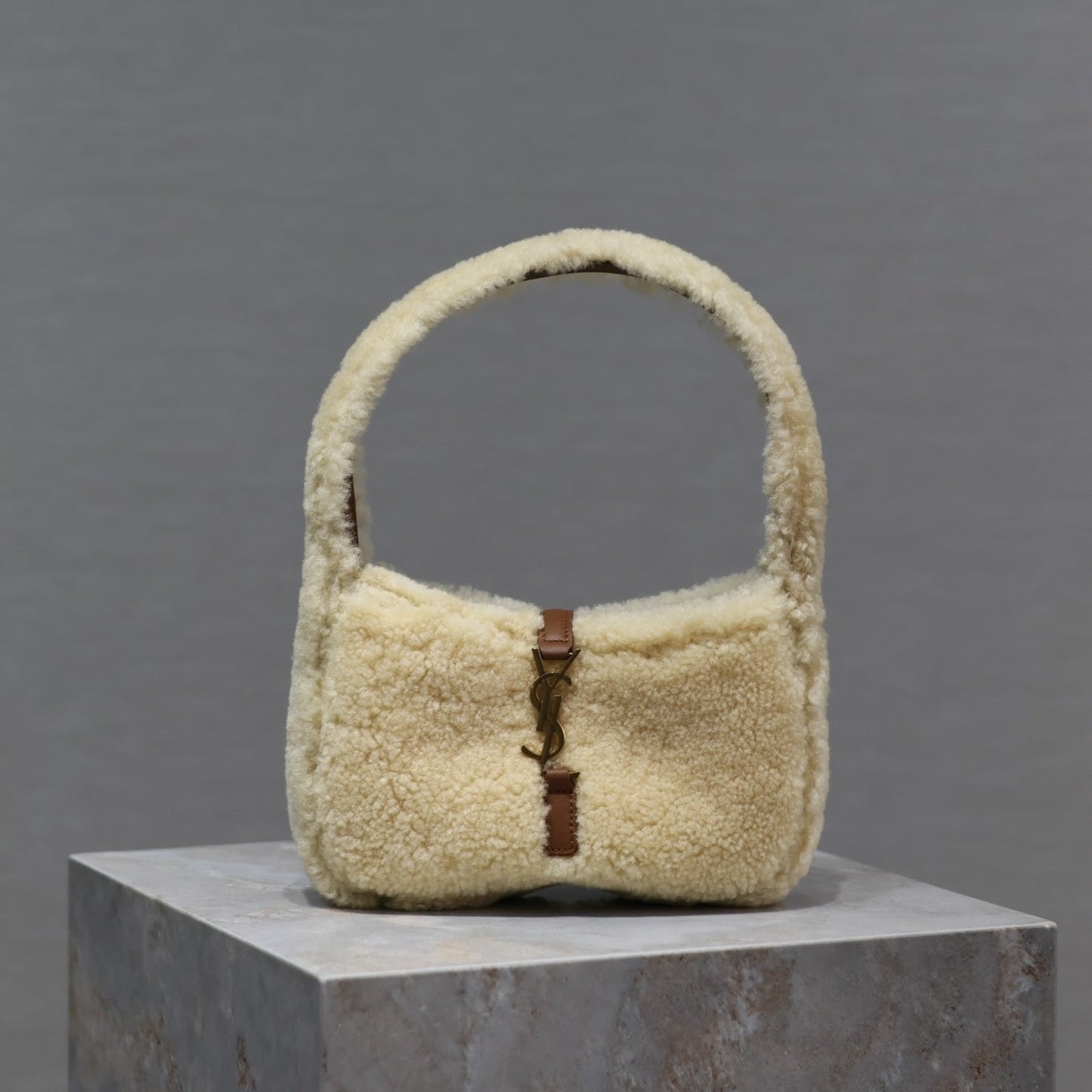 Luxury Saint Laurent LE 5 À 7 MINI BAG 19 IN CREAM SHEARLING AND BROWN CALFSKIN TRIM