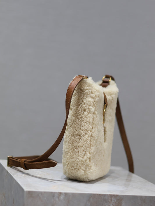 Luxury Saint Laurent LE 5 À 7 HOBO BAG 18 IN CREAM SHEARLING AND BROWN SUEDE TRIM