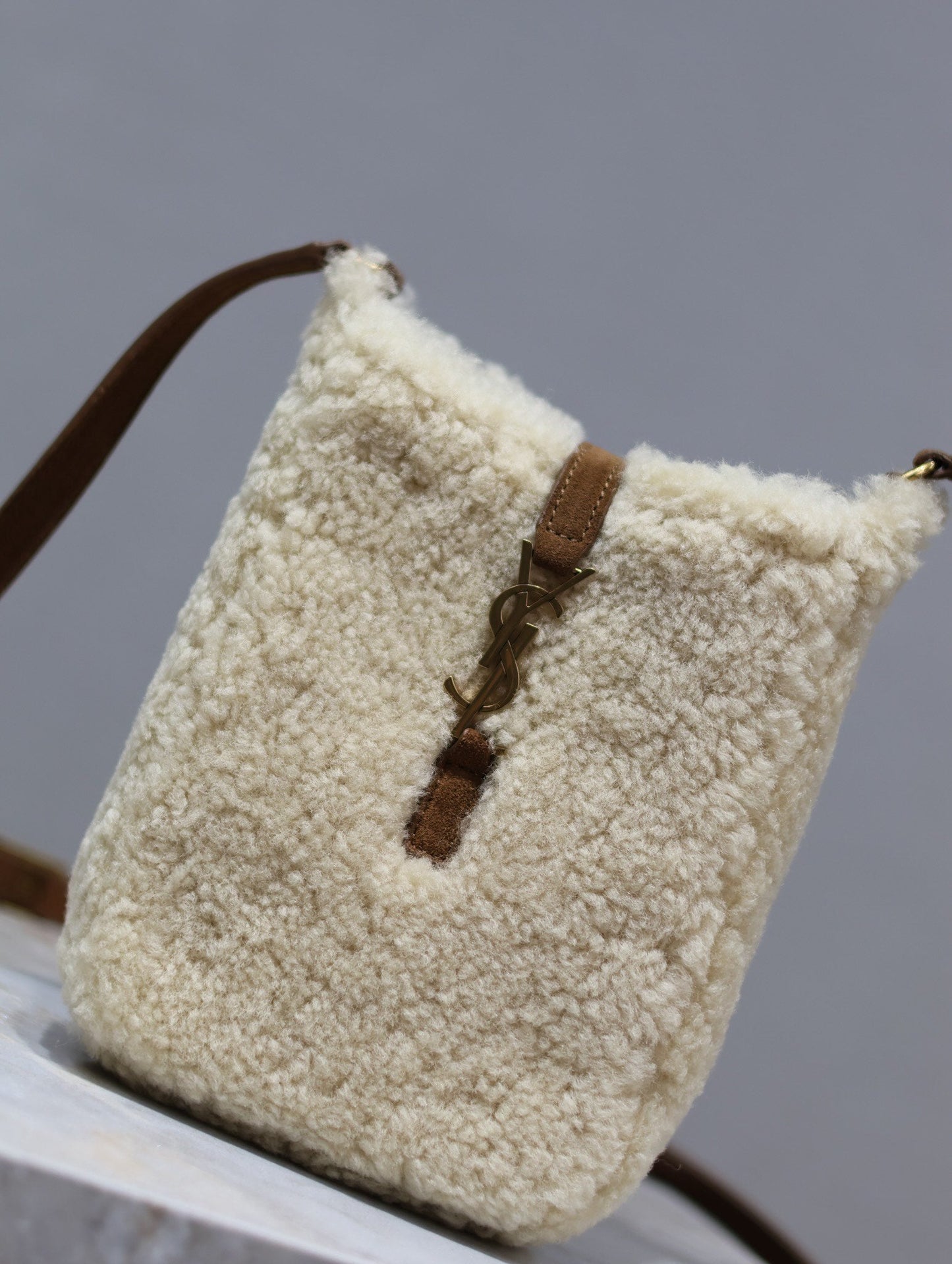 Luxury Saint Laurent LE 5 À 7 HOBO BAG 18 IN CREAM SHEARLING AND BROWN SUEDE TRIM