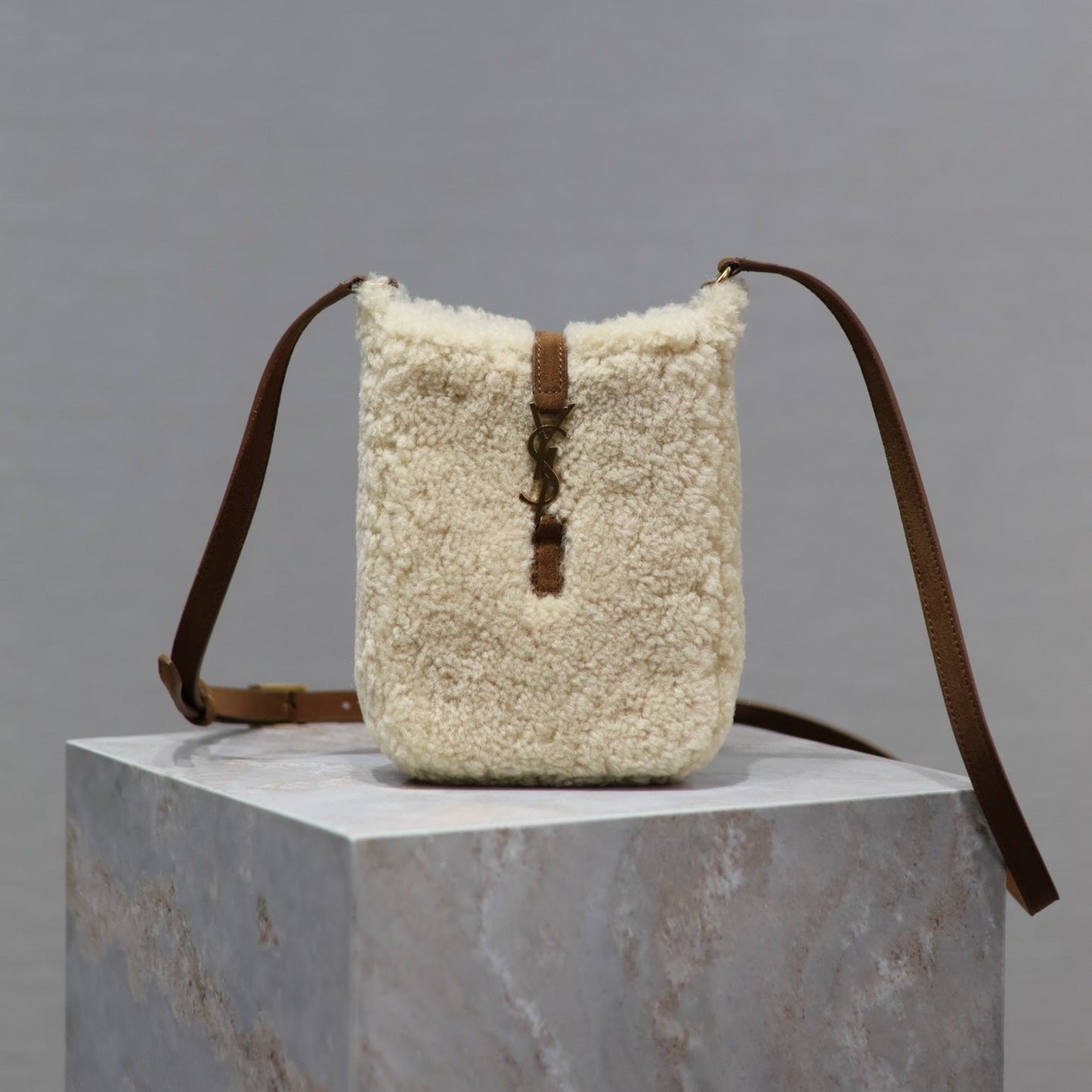 Luxury Saint Laurent LE 5 À 7 HOBO BAG 18 IN CREAM SHEARLING AND BROWN SUEDE TRIM
