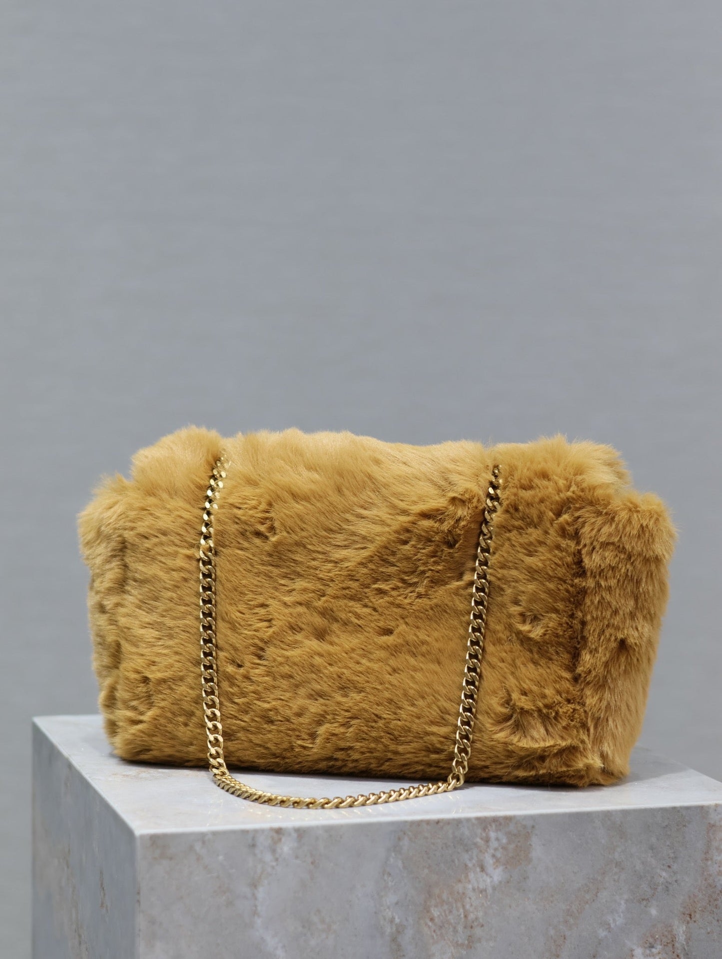 Luxury Saint Laurent KATE SMALL BAG 22 IN PEANUT BROWN RABBIT FUR GOLD CHAIN