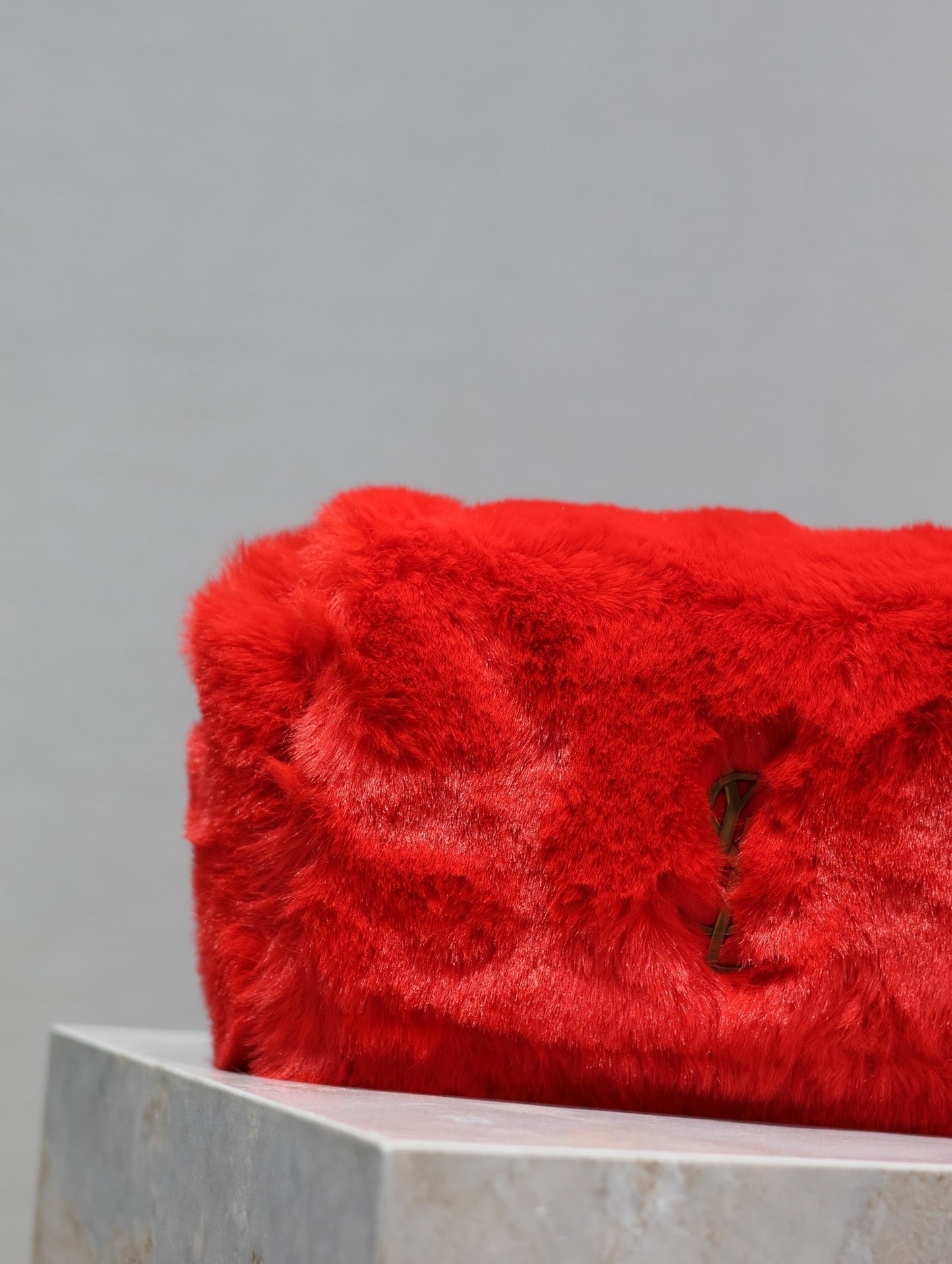 Luxury Saint Laurent KATE SMALL BAG 22 IN SCARLET RED RABBIT FUR GOLD CHAIN