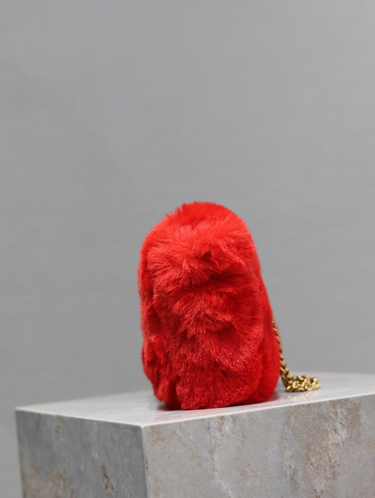Luxury Saint Laurent KATE SMALL BAG 22 IN SCARLET RED RABBIT FUR GOLD CHAIN