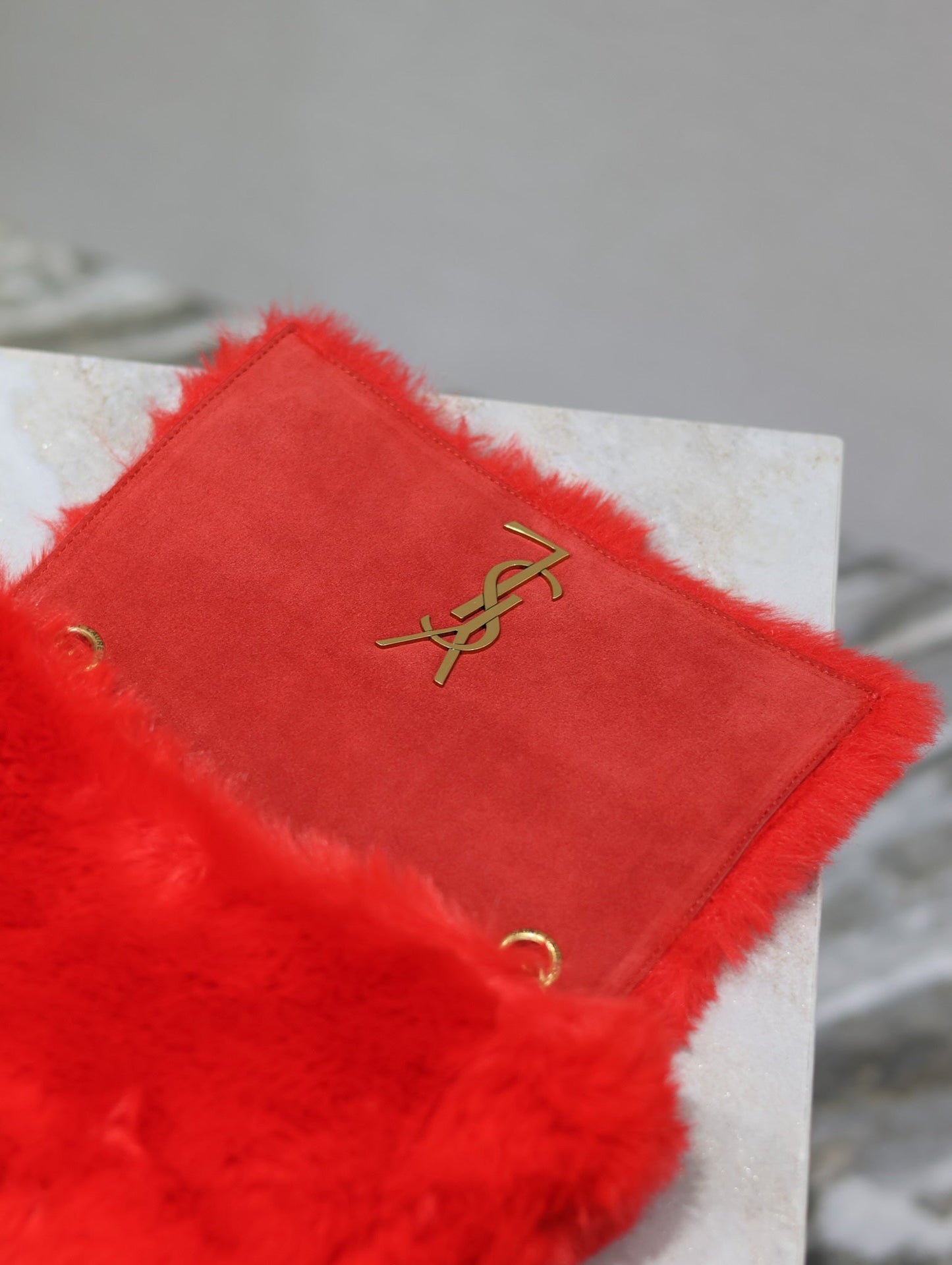 Luxury Saint Laurent KATE SMALL BAG 22 IN SCARLET RED RABBIT FUR GOLD CHAIN