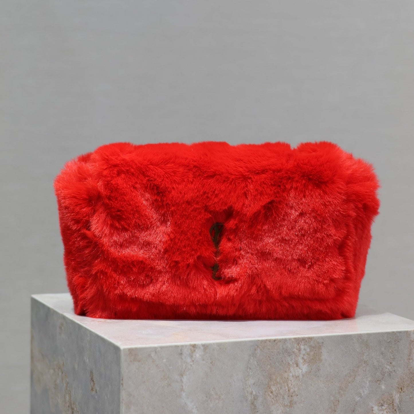 Luxury Saint Laurent KATE SMALL BAG 22 IN SCARLET RED RABBIT FUR GOLD CHAIN