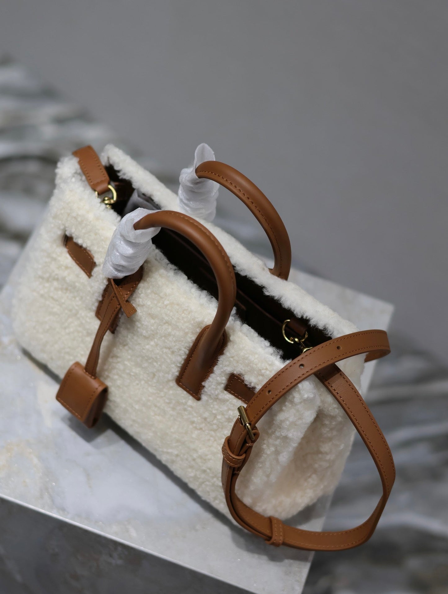 Luxury Saint Laurent SAC DE JOUR 22 IN WHITE SHEARLING AND BROWN CALFSKIN TRIM