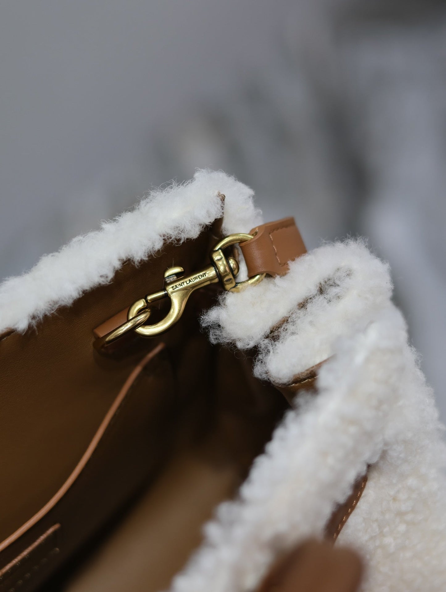 Luxury Saint Laurent SAC DE JOUR 22 IN WHITE SHEARLING AND BROWN CALFSKIN TRIM