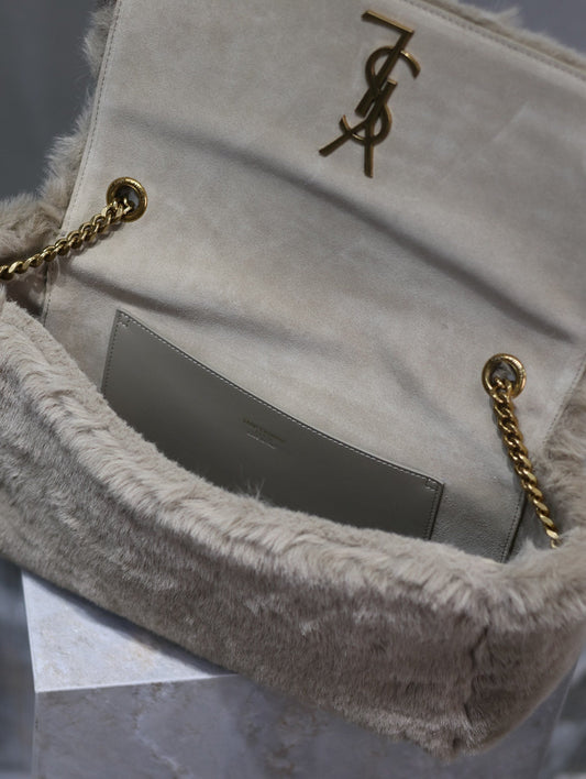 Luxury Saint Laurent KATE FLAP BAG 28 IN ECRU BEIGE RABBIT FUR GOLD CHAIN