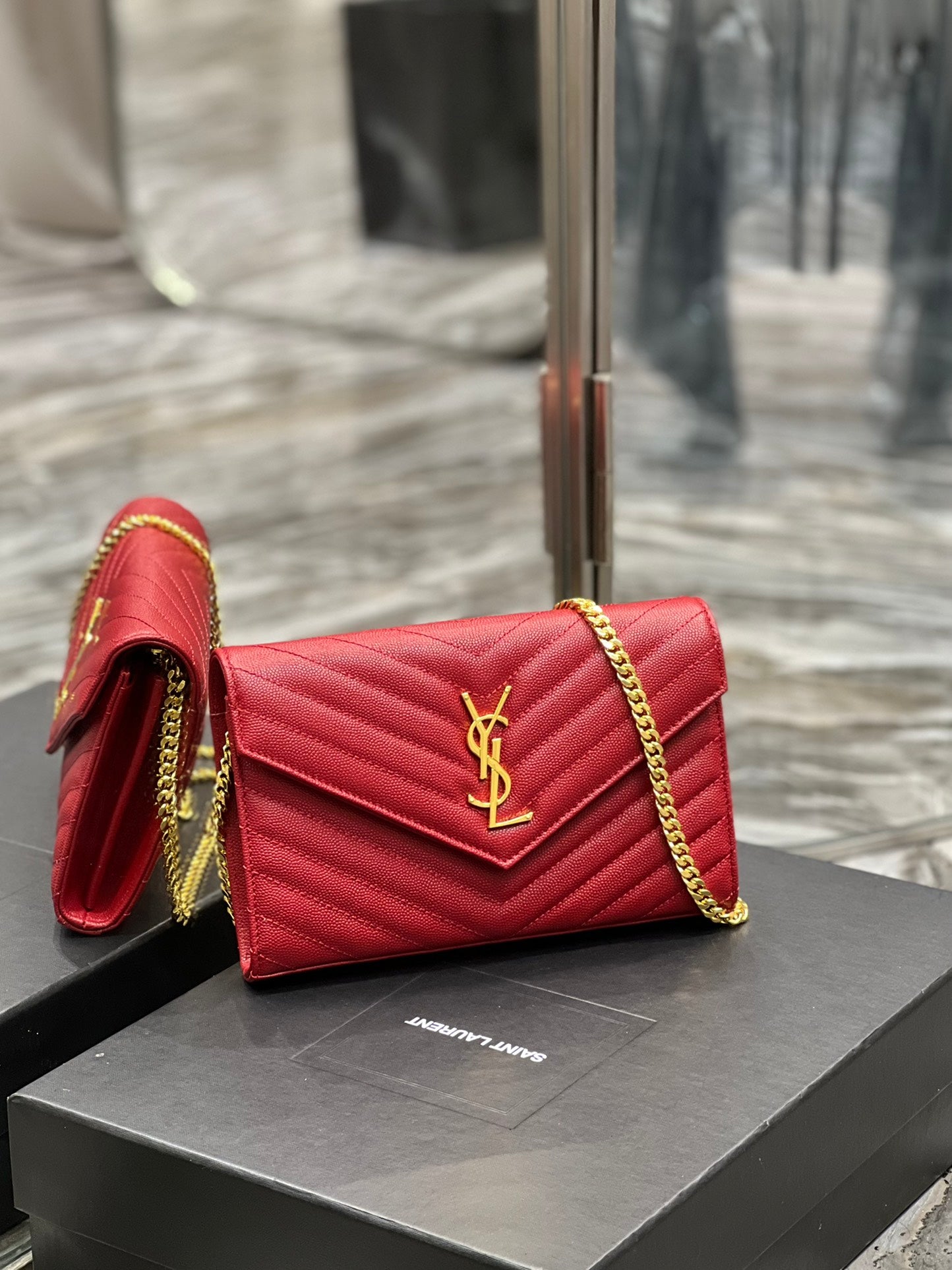 Luxury Saint Laurent YL WOC 22 RED CHEVERON CAVIAR GOLD HARDWARE