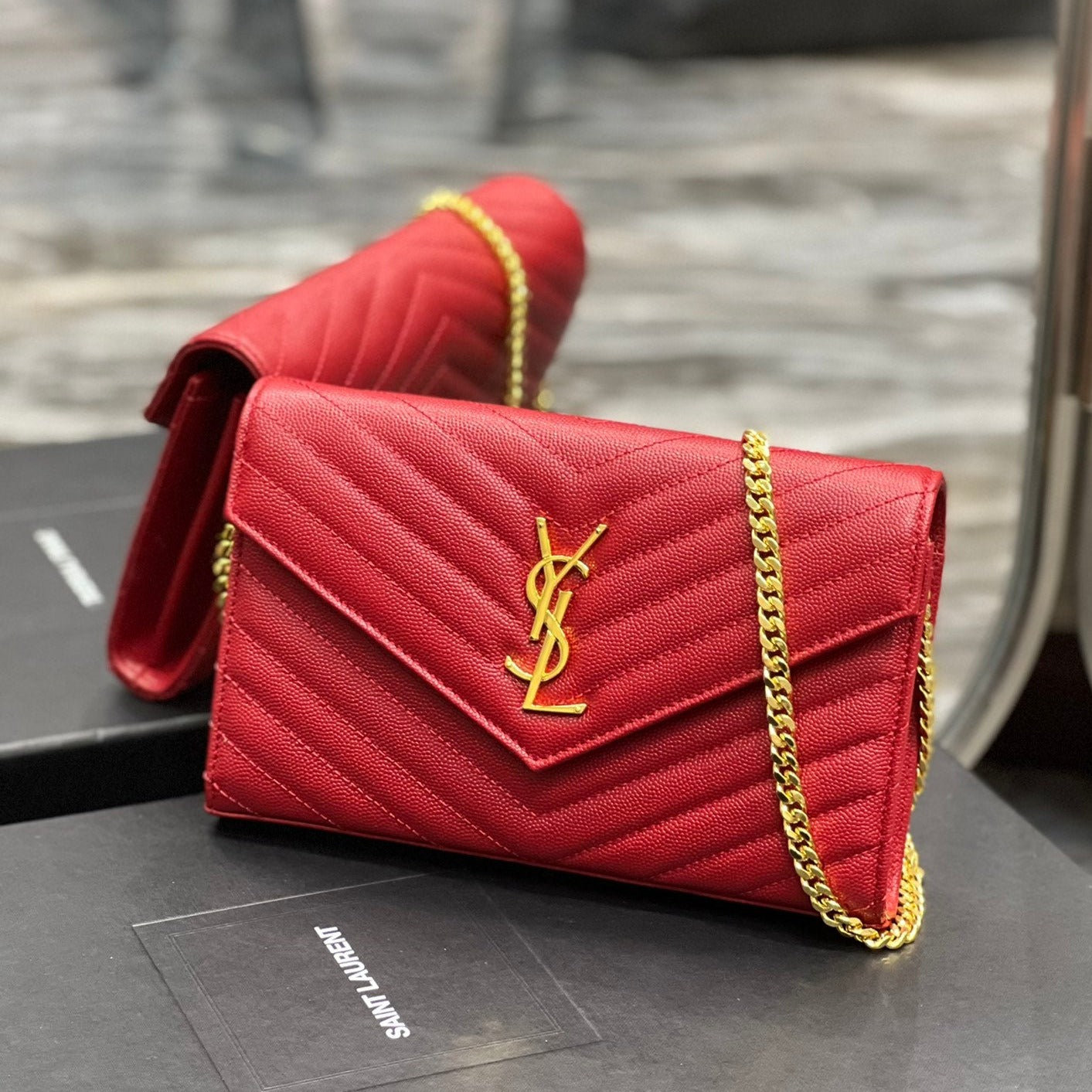 Luxury Saint Laurent YL WOC 22 RED CHEVERON CAVIAR GOLD HARDWARE
