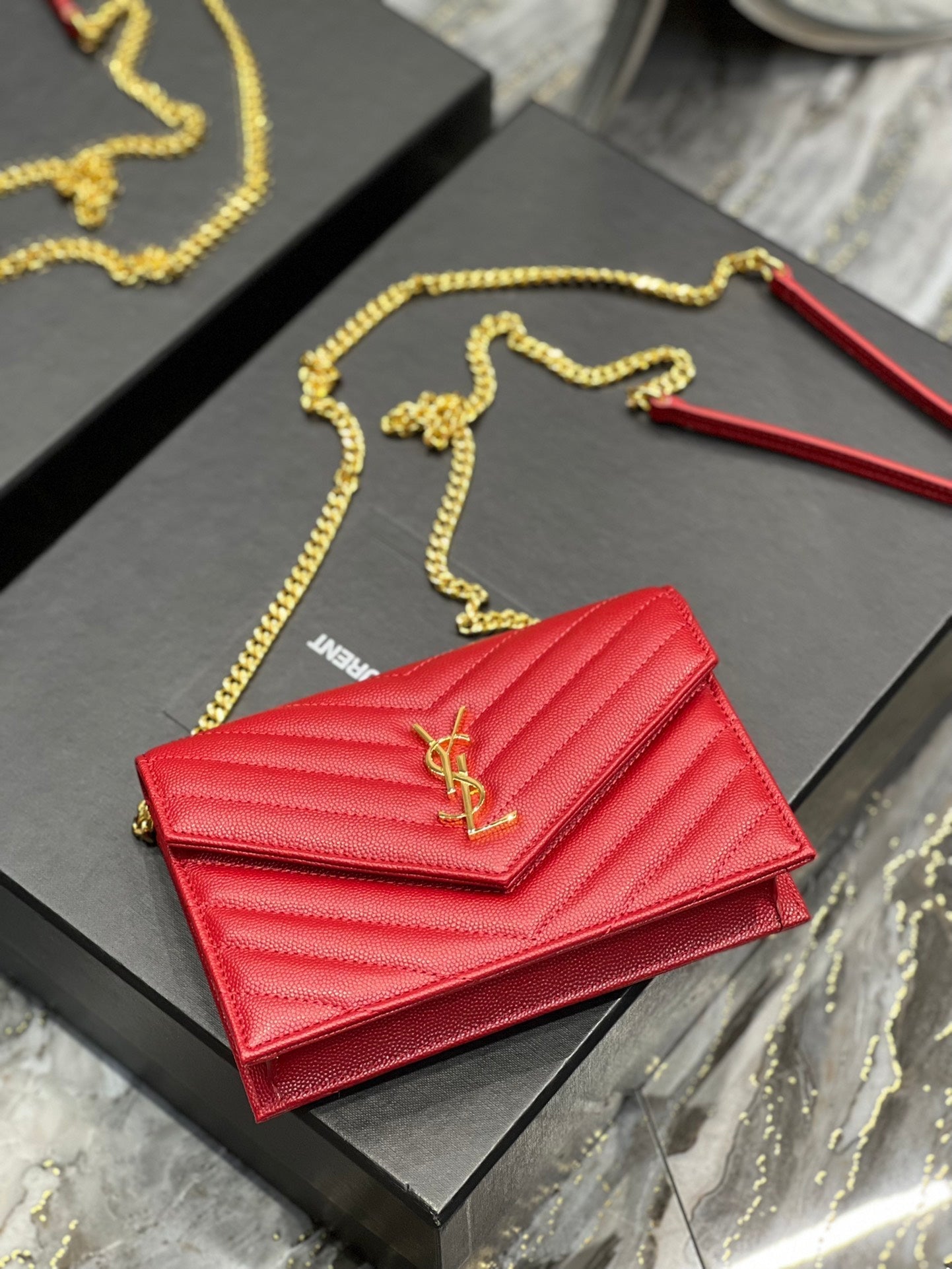 Luxury Saint Laurent YL WOC 19 RED CHEVERON CAVIAR GOLD HARDWARE