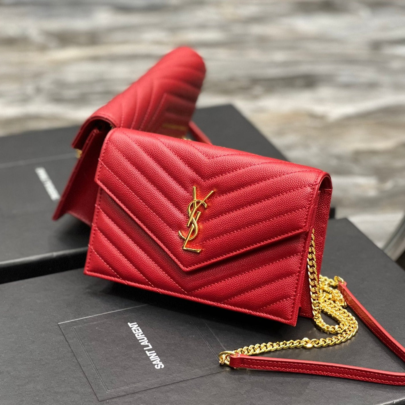 Luxury Saint Laurent YL WOC 19 RED CHEVERON CAVIAR GOLD HARDWARE
