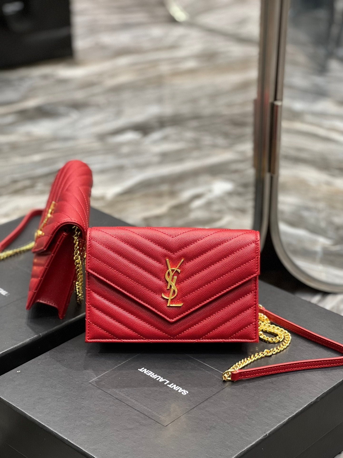 Luxury Saint Laurent YL WOC 19 RED CHEVERON CAVIAR GOLD HARDWARE