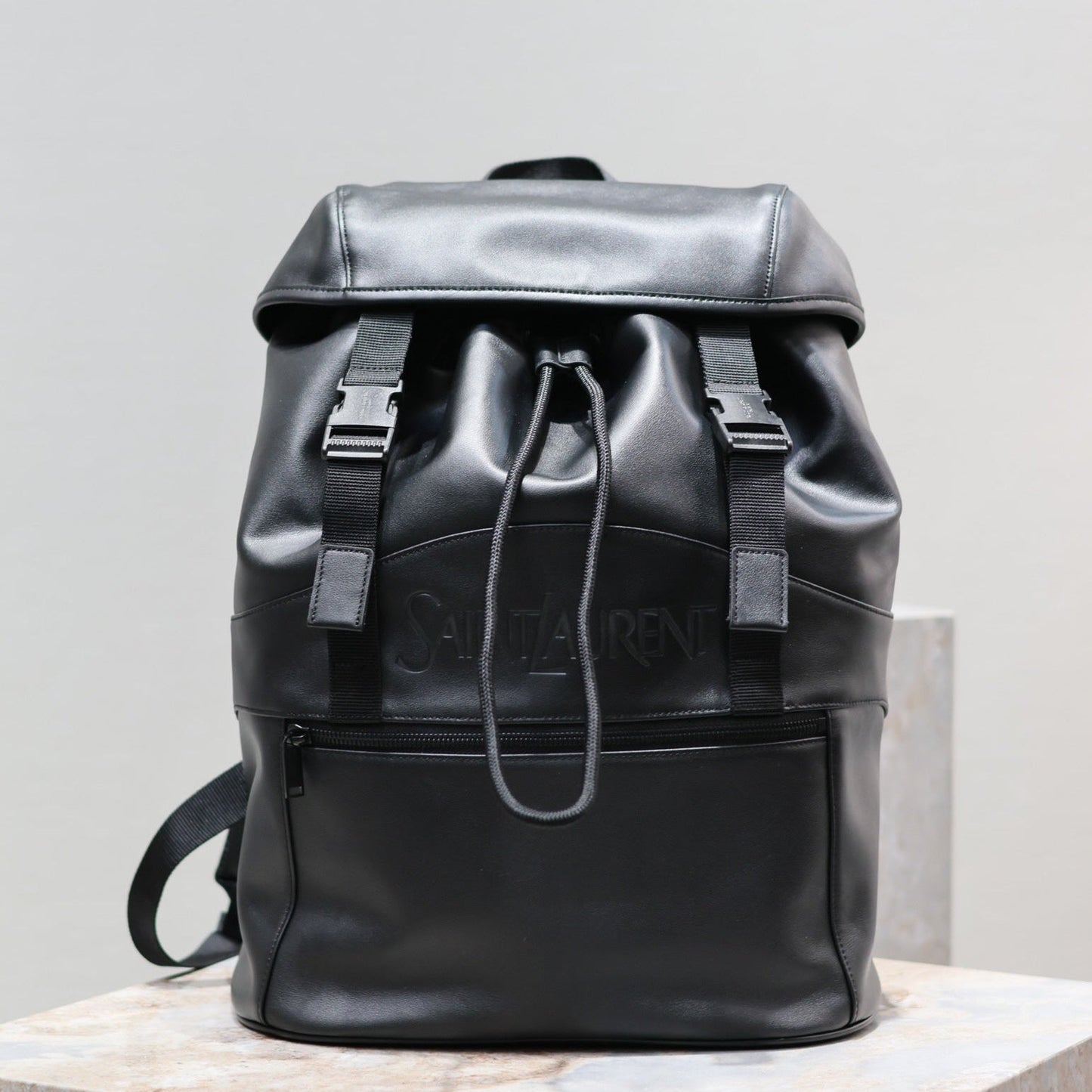 Luxury Saint Laurent BACKPACK 45 IN BLACK CALFSKIN WITH EMBOSSED LOGO