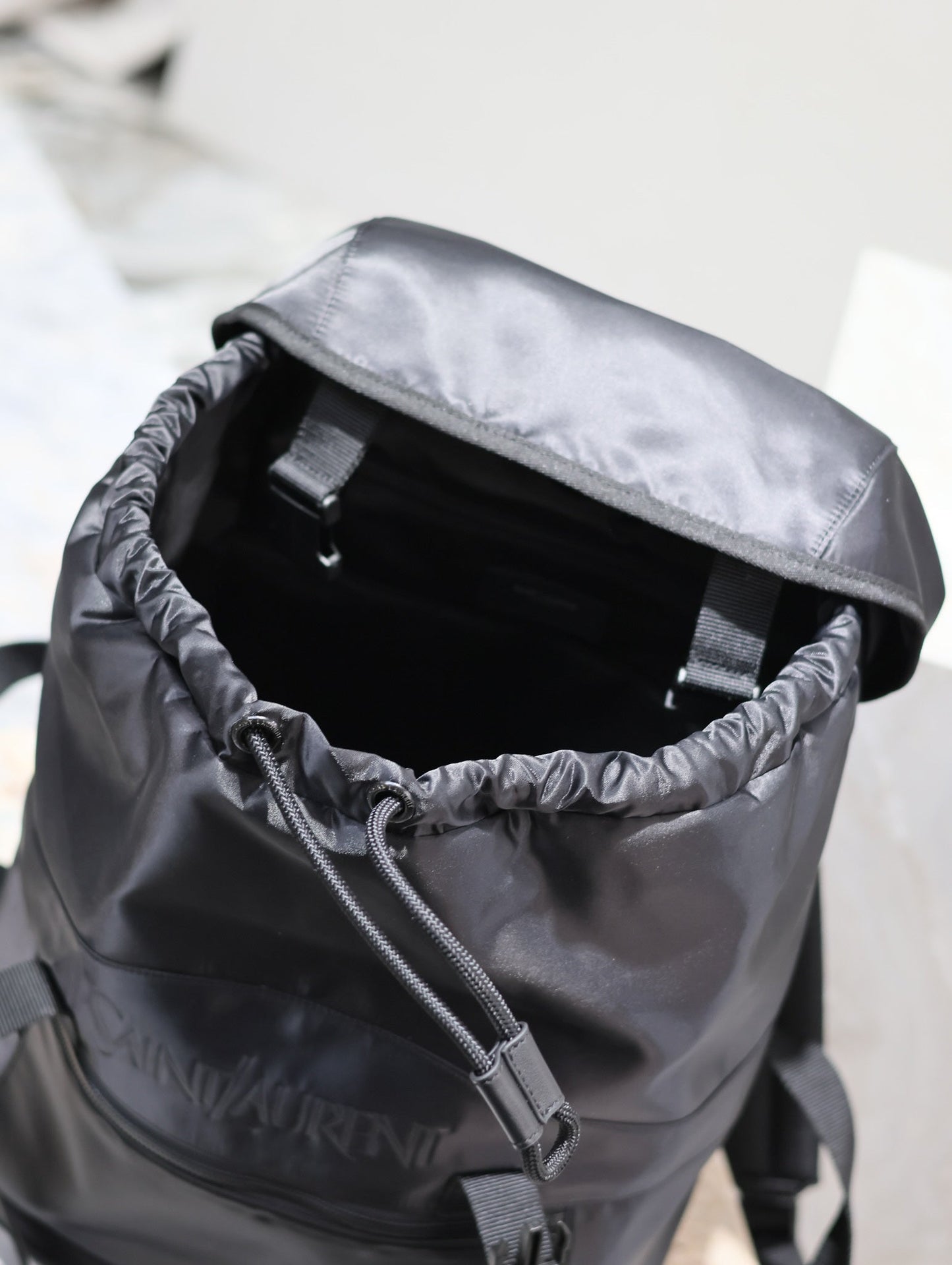 Luxury Saint Laurent WATERPROOF BACKPACK 45 IN BLACK NYLON WITH EMBOSSED LOGO