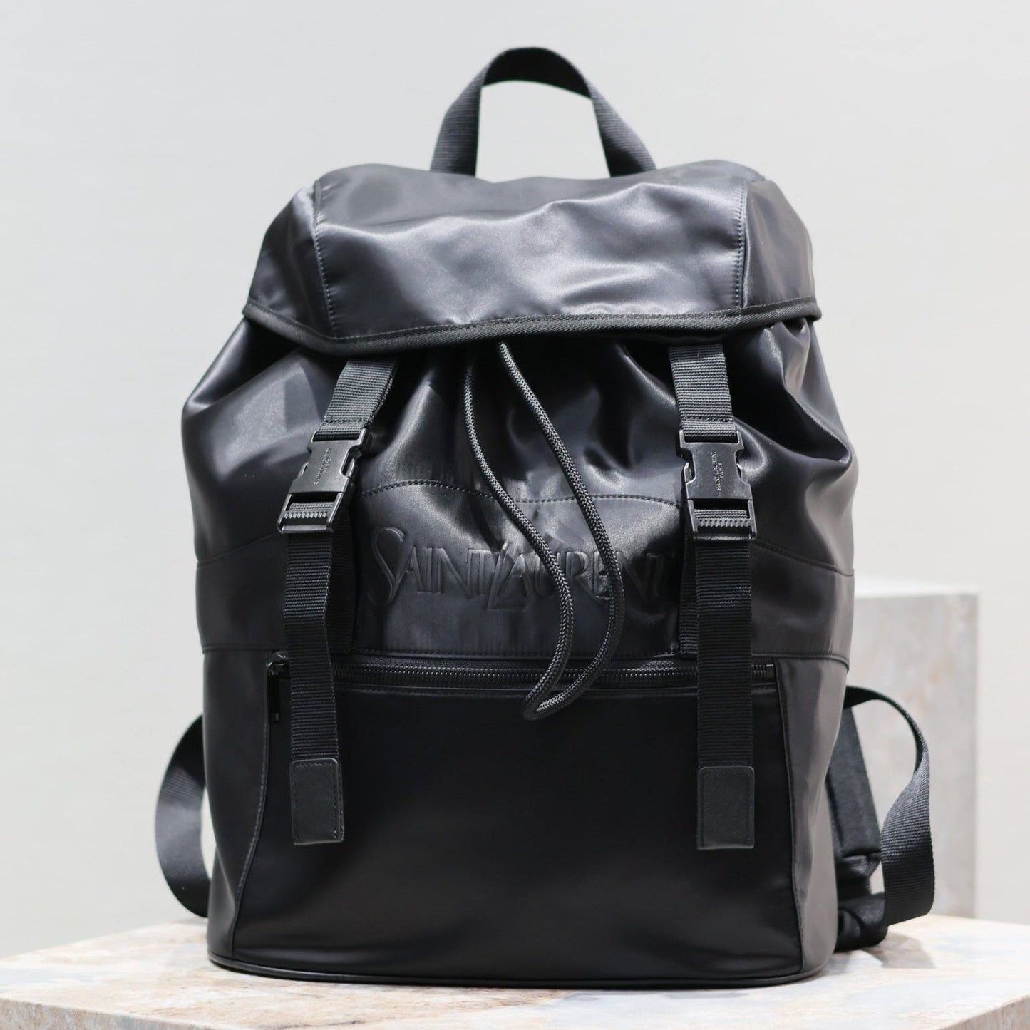 Luxury Saint Laurent WATERPROOF BACKPACK 45 IN BLACK NYLON WITH EMBOSSED LOGO