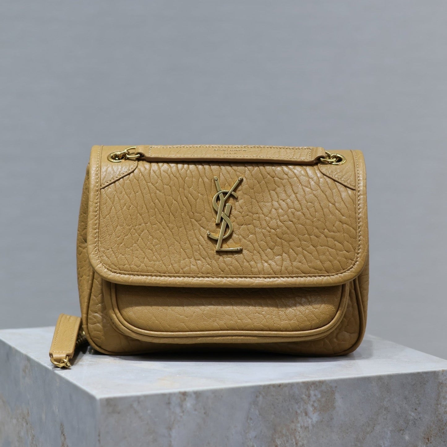 Luxury Saint Laurent NIKI BABY 22 IN DIJON YELLOW ELEPHANT PATTERN LAMBSKIN