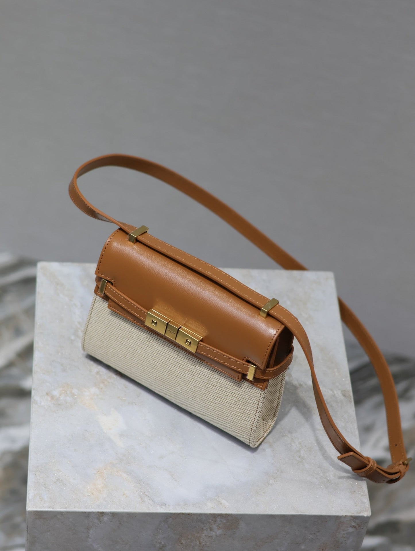 Luxury Saint Laurent MANHATTAN MINI 19 IN WHITE CANVAS AND BROWN LAMBSKIN GOLD BUCKLE