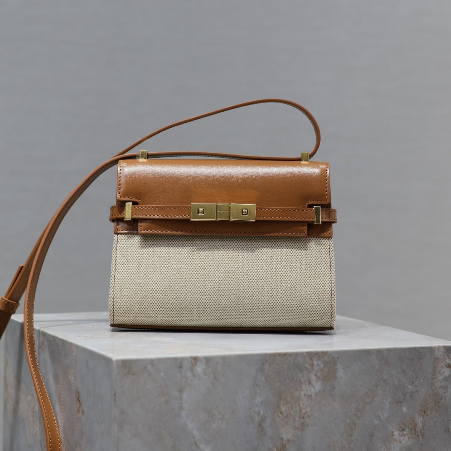 Luxury Saint Laurent MANHATTAN MINI 19 IN WHITE CANVAS AND BROWN LAMBSKIN GOLD BUCKLE