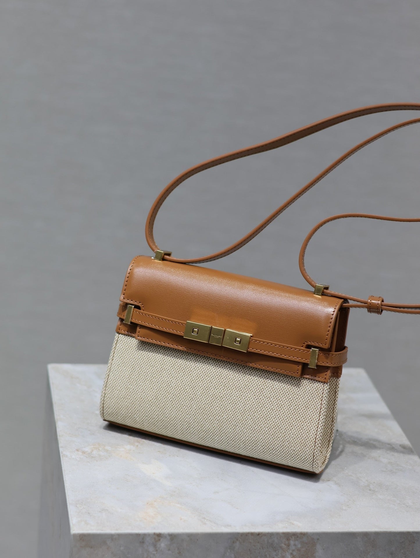 Luxury Saint Laurent MANHATTAN MINI 19 IN WHITE CANVAS AND BROWN LAMBSKIN GOLD BUCKLE