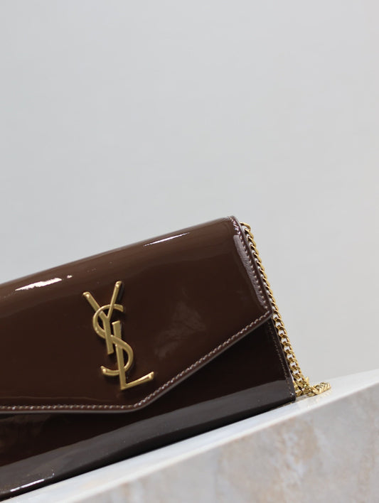 Luxury Saint Laurent uptown chain wallet 19cm dark brown patent calfskin