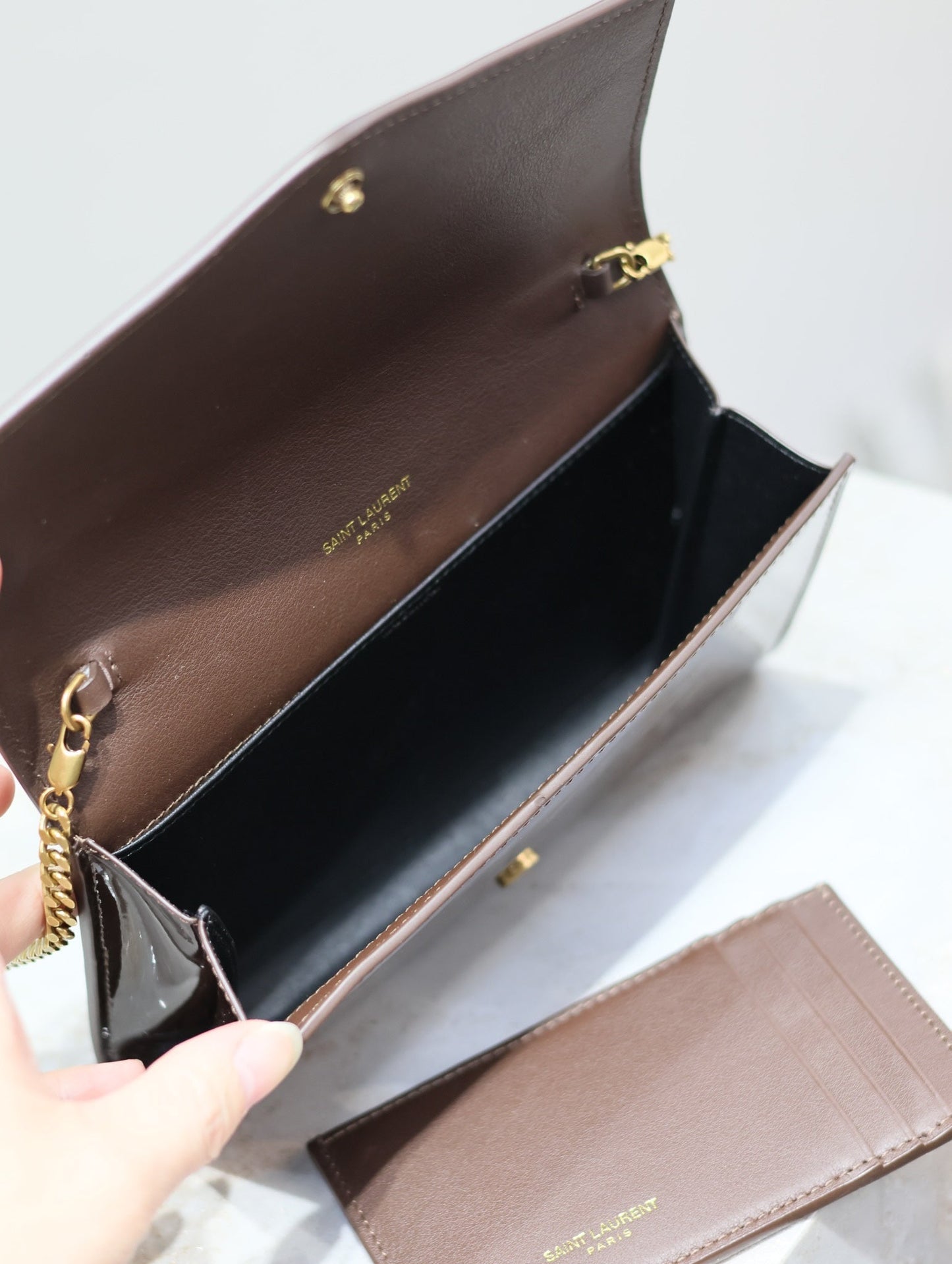 Luxury Saint Laurent uptown chain wallet 19cm dark brown patent calfskin