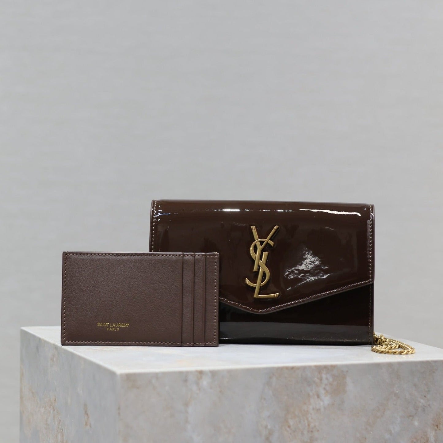 Luxury Saint Laurent uptown chain wallet 19cm dark brown patent calfskin