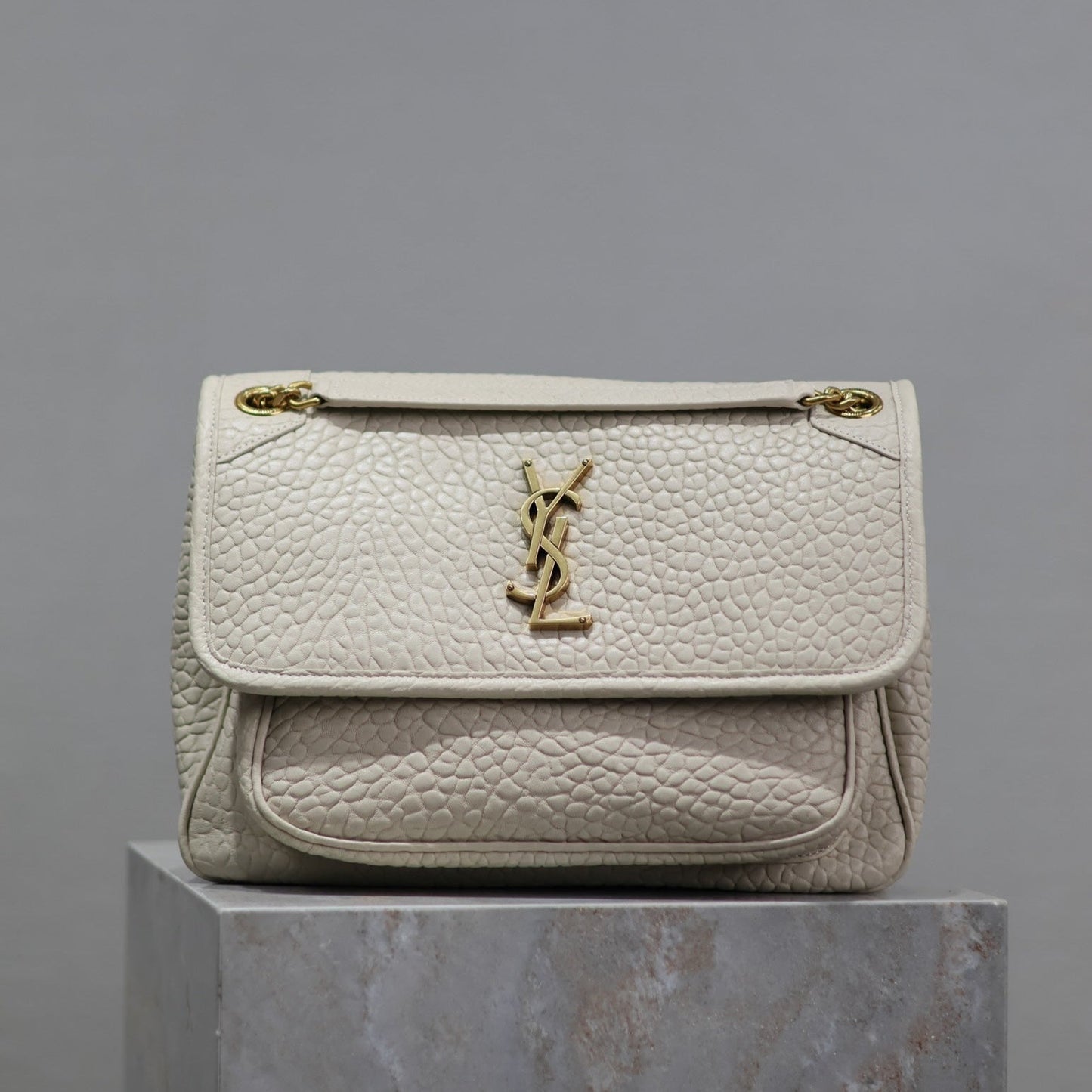 Luxury Saint Laurent NIKI MEDIUM 28 IN WHITE ELEPHANT PATTERN LAMBSKIN GOLD LOGO