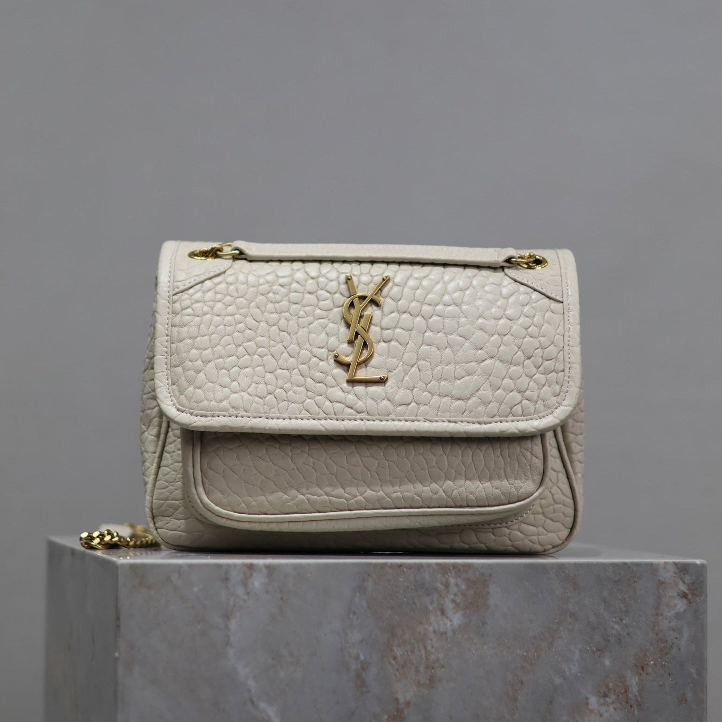 Luxury Saint Laurent NIKI BABY 22 IN WHITE ELEPHANT PATTERN LAMBSKIN GOLD LOGO