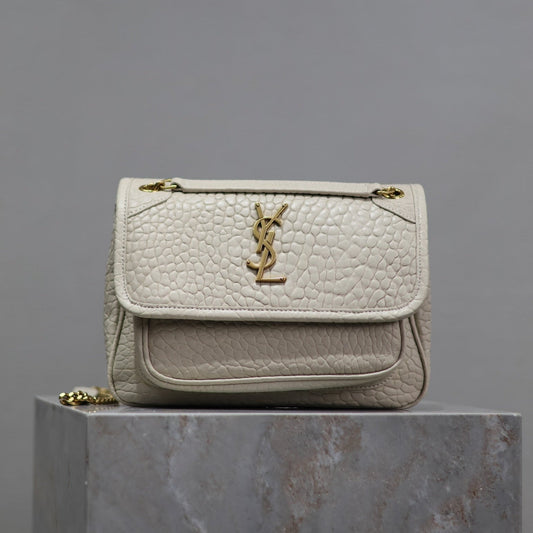 Luxury Saint Laurent NIKI BABY 22 IN WHITE ELEPHANT PATTERN LAMBSKIN GOLD LOGO