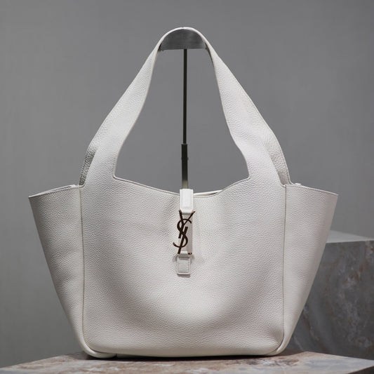Luxury Saint Laurent LE 5 À 7 BEA TOTE BAG 50 IN WHITE LAMBSKIN GOLD LOGO