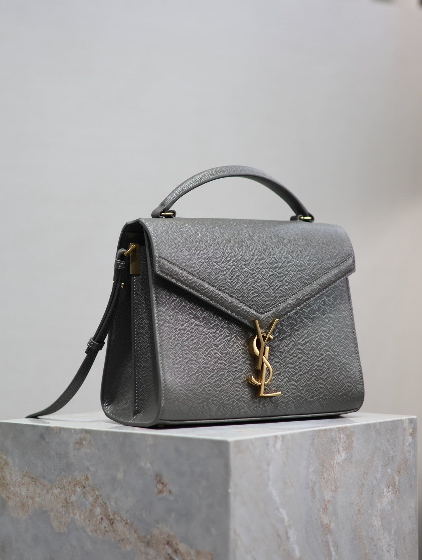 Luxury Saint Laurent CASSANDRA TOP HANDLE BAG 24 IN GRAY CALFSKIN GOLD HARDWARE