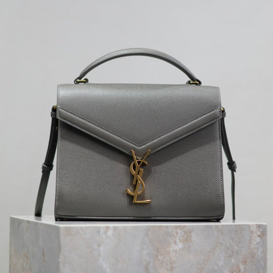 Luxury Saint Laurent CASSANDRA TOP HANDLE BAG 24 IN GRAY CALFSKIN GOLD HARDWARE