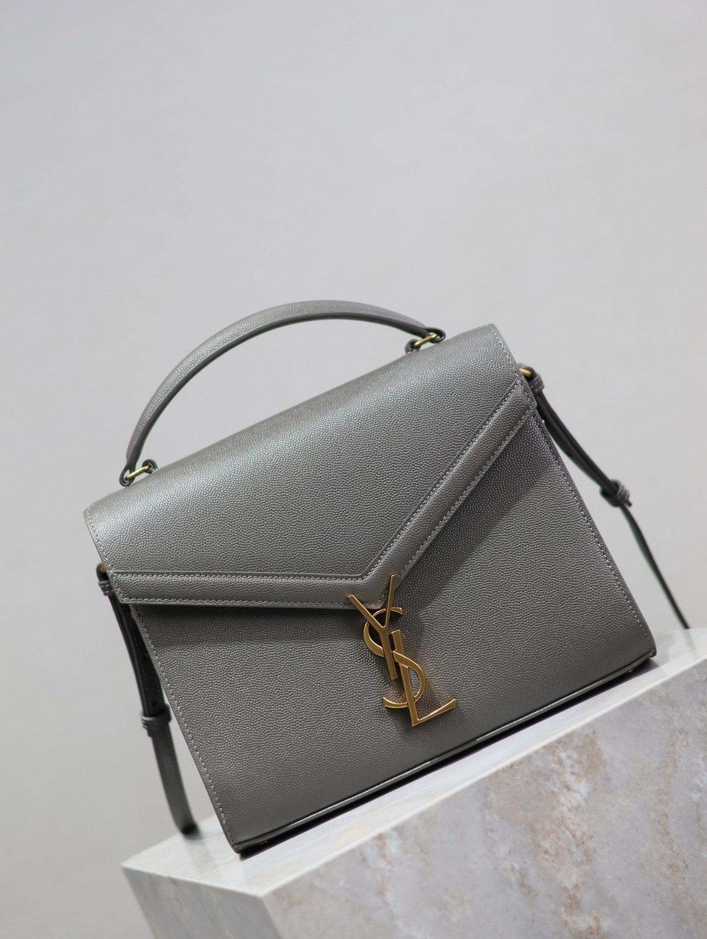 Luxury Saint Laurent CASSANDRA TOP HANDLE BAG 24 IN GRAY CALFSKIN GOLD HARDWARE