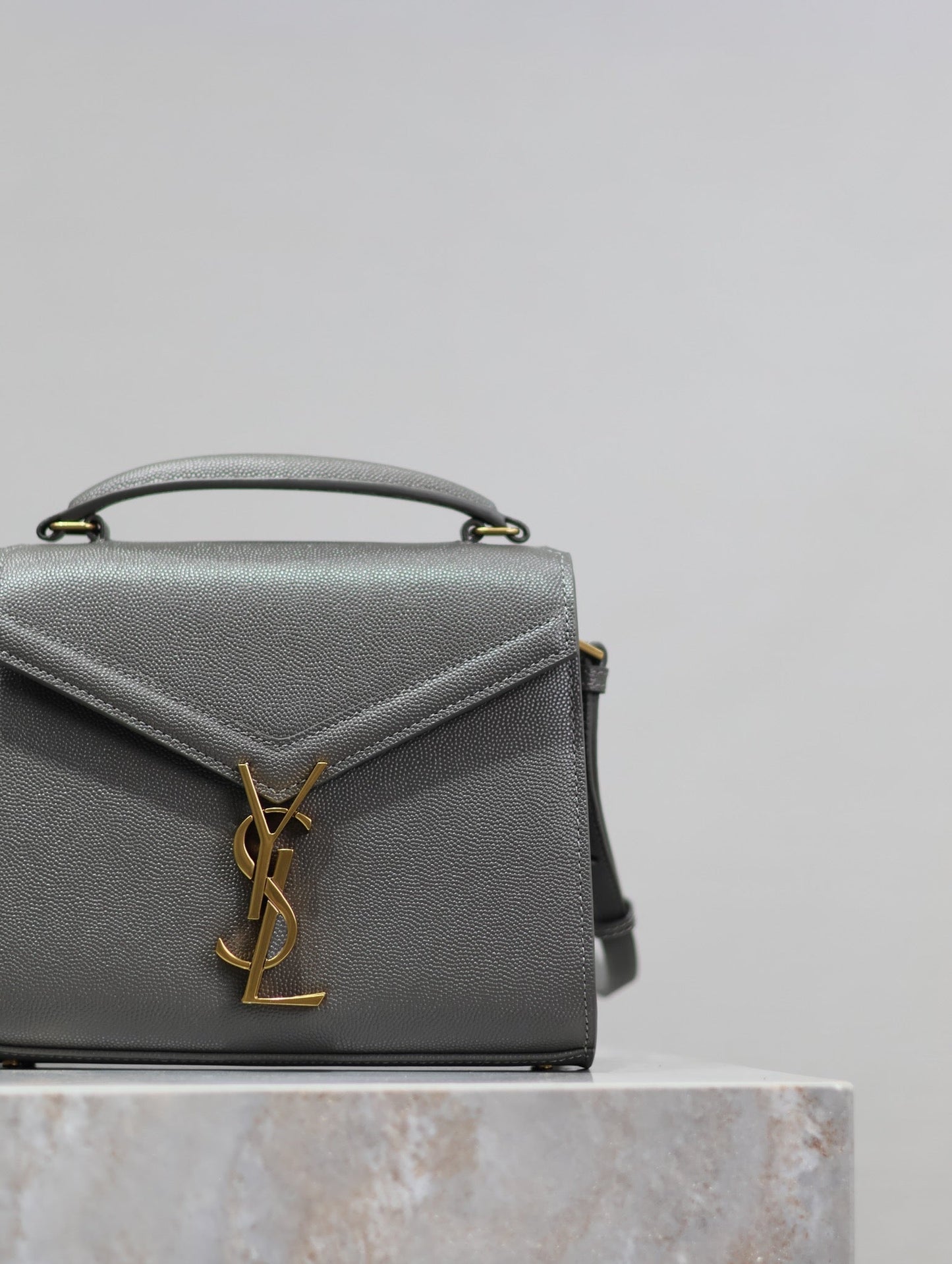Luxury Saint Laurent CASSANDRA MINI TOP HANDLE BAG 20 IN GRAY CALFSKIN GOLD HARDWARE