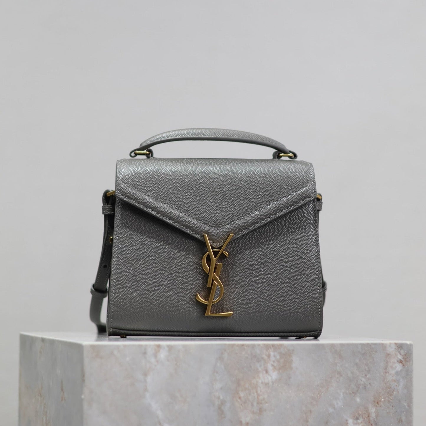 Luxury Saint Laurent CASSANDRA MINI TOP HANDLE BAG 20 IN GRAY CALFSKIN GOLD HARDWARE