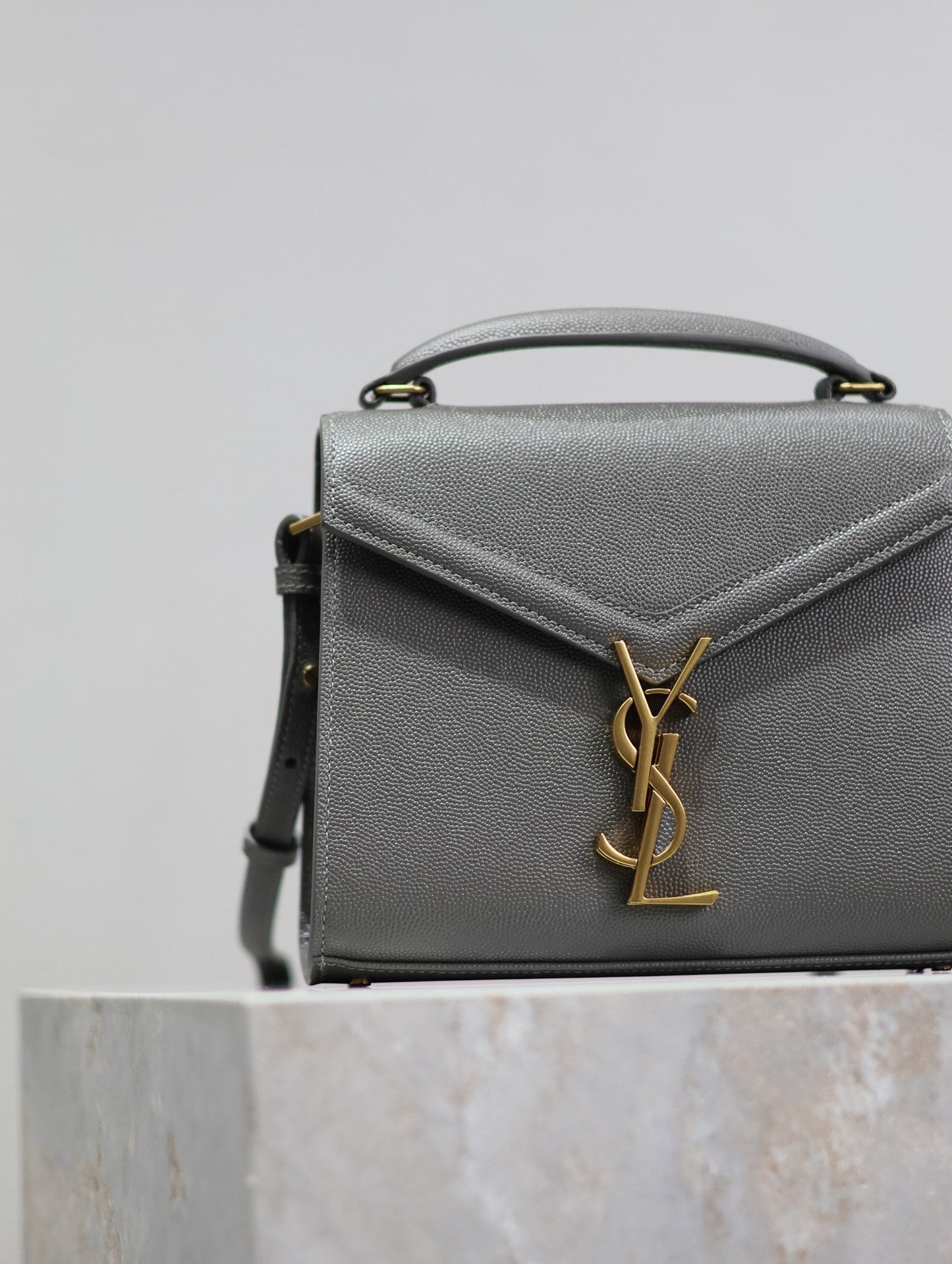 Luxury Saint Laurent CASSANDRA MINI TOP HANDLE BAG 20 IN GRAY CALFSKIN GOLD HARDWARE