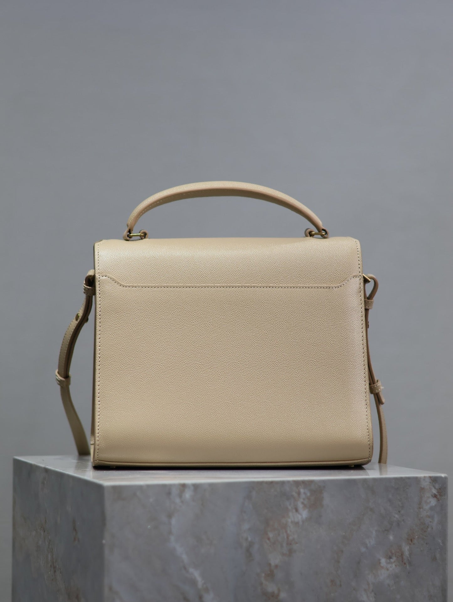 Luxury Saint Laurent CASSANDRA TOP HANDLE BAG 24 IN BEIGE CALFSKIN GOLD HARDWARE