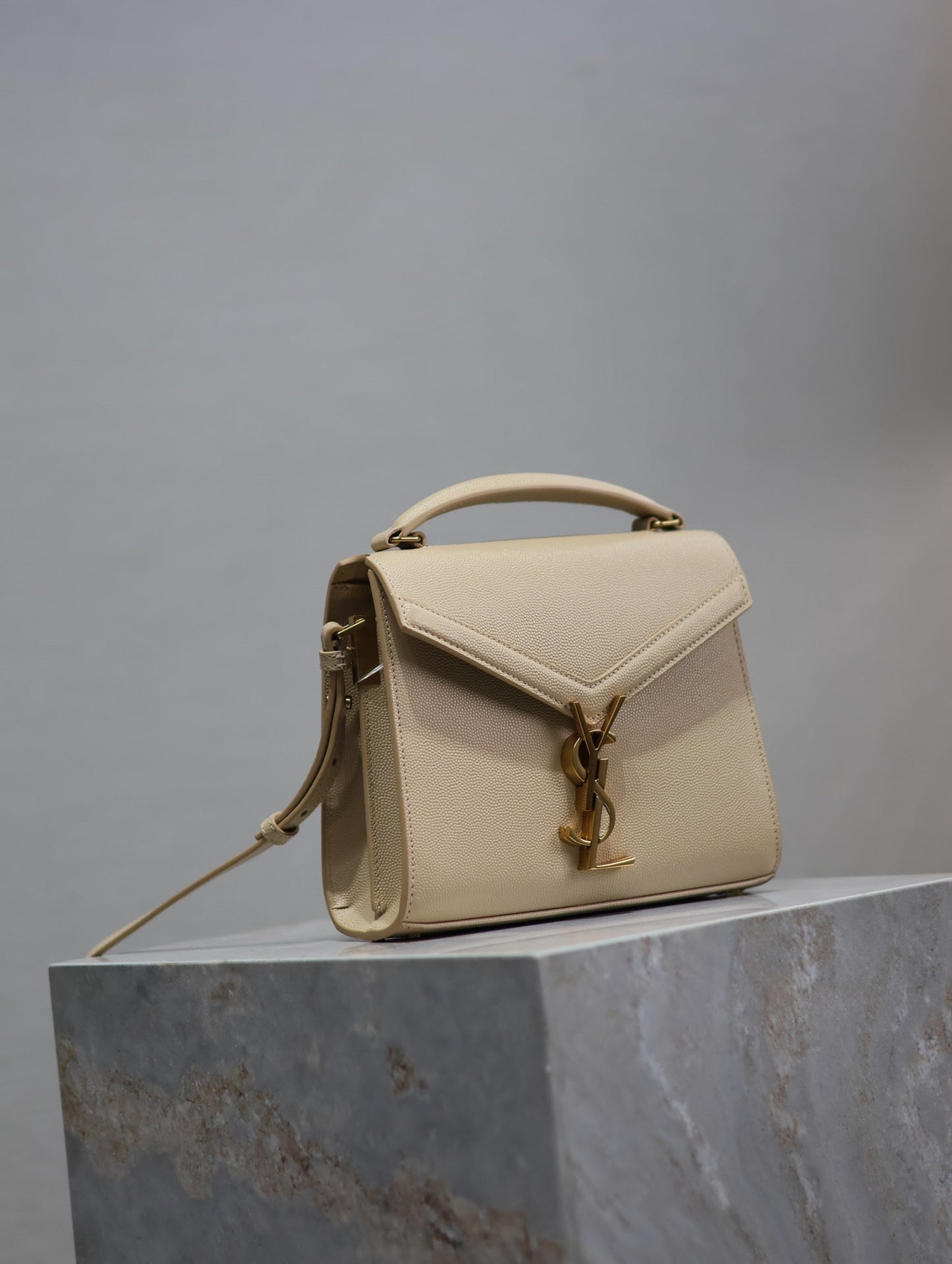 Luxury Saint Laurent CASSANDRA MINI TOP HANDLE BAG 20 IN BEIGE CALFSKIN GOLD HARDWARE