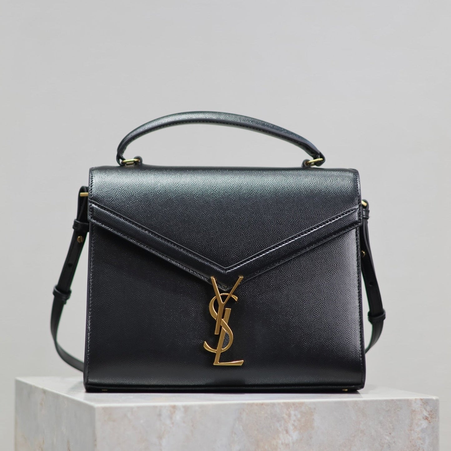 Luxury Saint Laurent CASSANDRA TOP HANDLE BAG 24 IN BLACK CALFSKIN GOLD HARDWARE