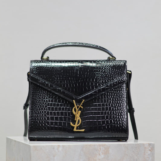 Luxury Saint Laurent CASSANDRA TOP HANDLE BAG 24 IN BLACK CROCODILE-EMBOSSED GLOSSY CALFSKIN