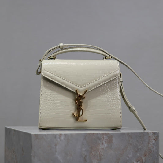 Luxury Saint Laurent CASSANDRA MINI TOP HANDLE BAG 20 IN WHITE CROCODILE-EMBOSSED GLOSSY CALFSKIN
