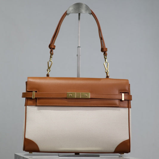 Luxury Saint Laurent MANHATTAN HANDBAG 32 IN BROWN CALFSKIN AND WHITE CANVAS GOLD HARDWARE