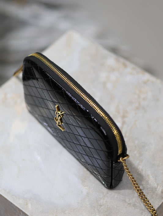 Luxury Saint Laurent GABY ZIPPED POUCH 19 IN BLACK GLOSSY LAMBSKIN GOLD HARDWARE