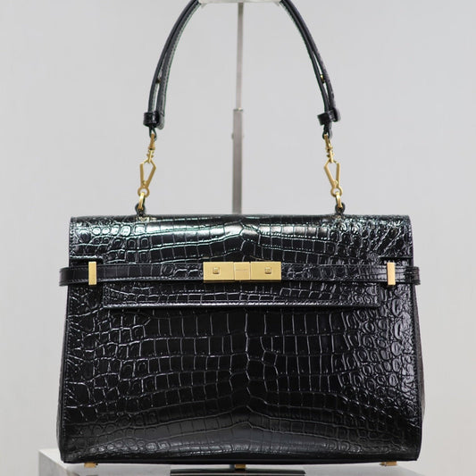 Luxury Saint Laurent MANHATTAN HANDBAG 32 IN BLACK CROCODILE-EMBOSSED CALFSKIN GOLD HARDWARE