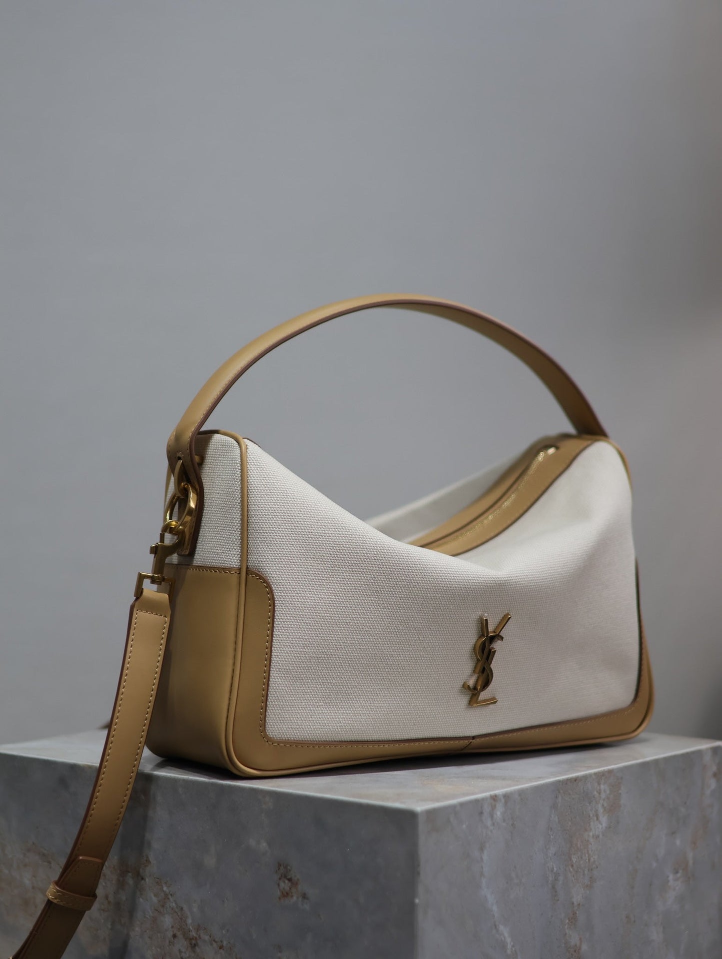 Luxury Saint Laurent CAMERA SUPPLE BAG 28 IN WHITE CANVAS AND BROWN CALFSKIN TRIM