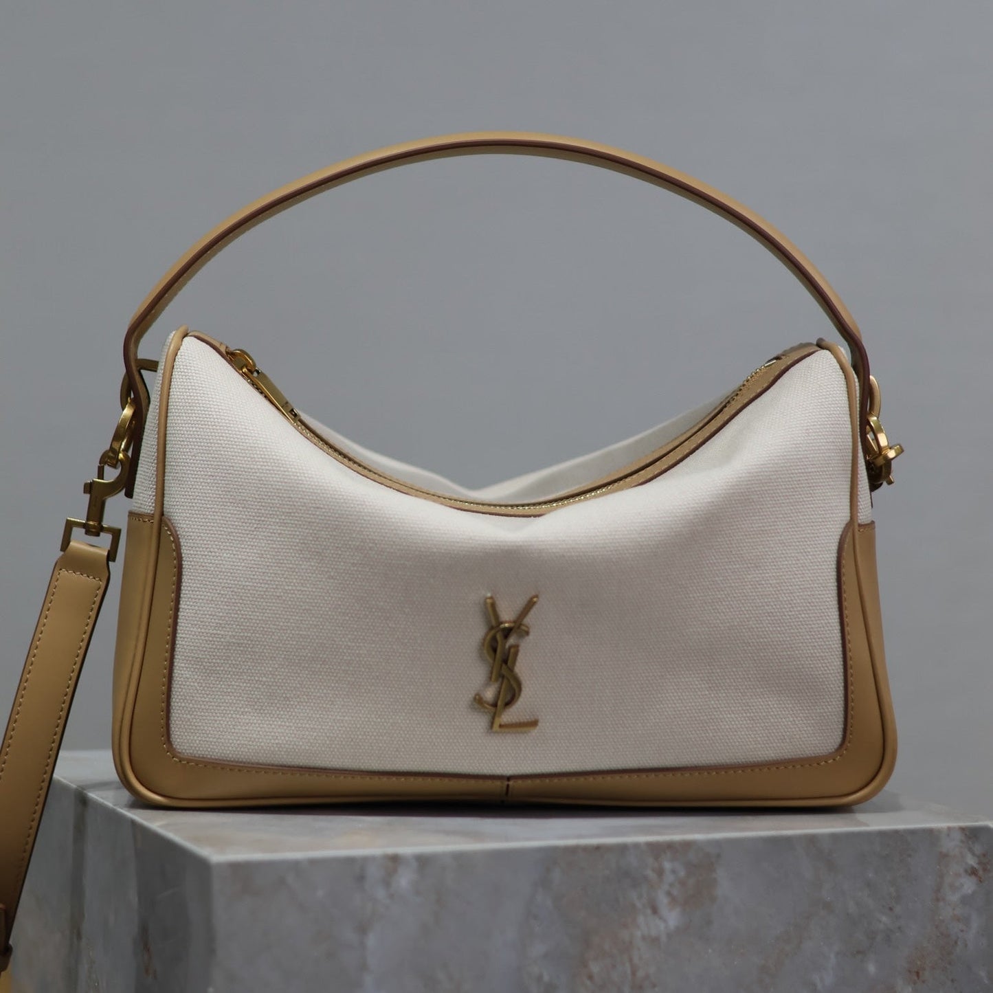 Luxury Saint Laurent CAMERA SUPPLE BAG 28 IN WHITE CANVAS AND BROWN CALFSKIN TRIM