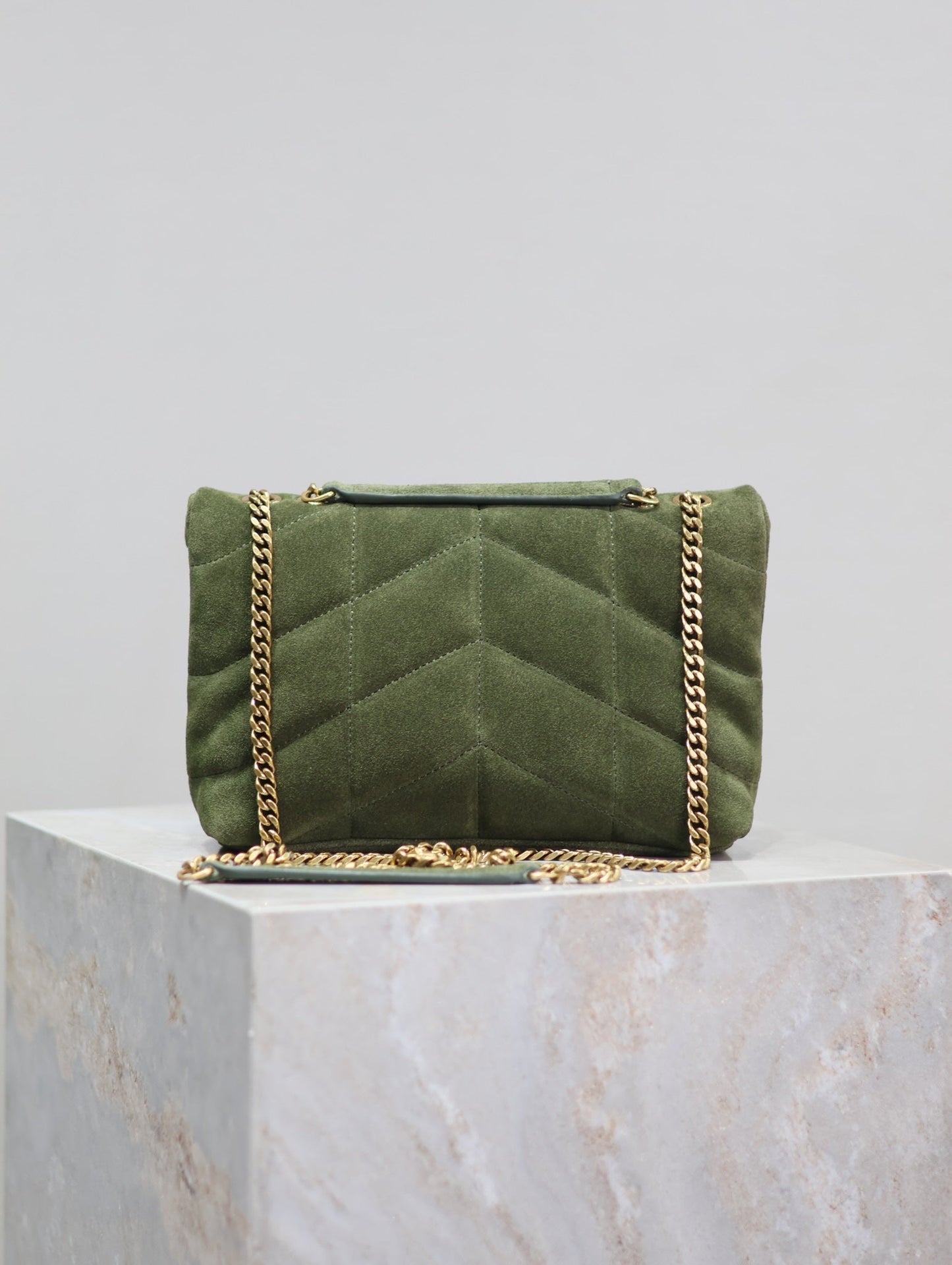Luxury Saint Laurent PUFFER TOY 23 IN PICKLE GREEN SUEDE GOLD HARDWARE