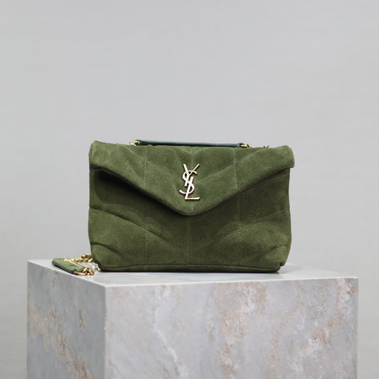 Luxury Saint Laurent PUFFER TOY 23 IN PICKLE GREEN SUEDE GOLD HARDWARE