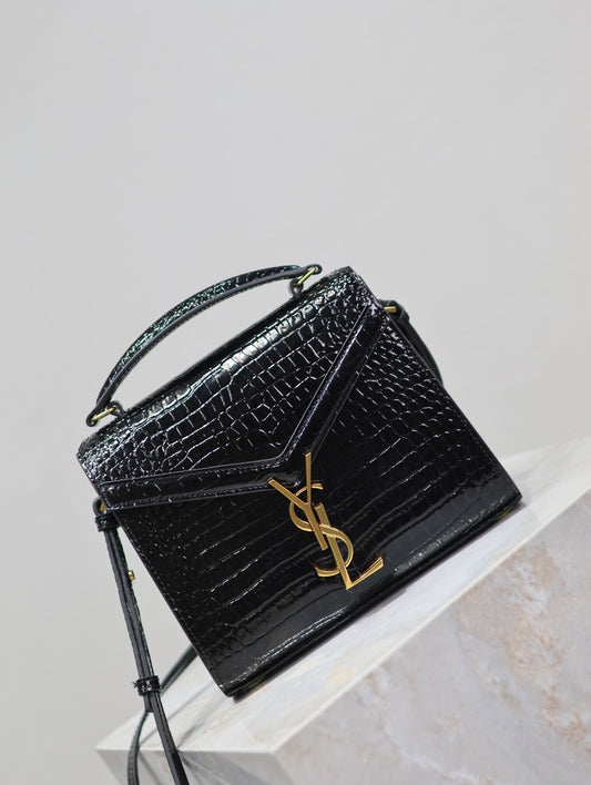 Luxury Saint Laurent CASSANDRA MINI TOP HANDLE BAG 20 IN BLACK CROCODILE-EMBOSSED GLOSSY CALFSKIN